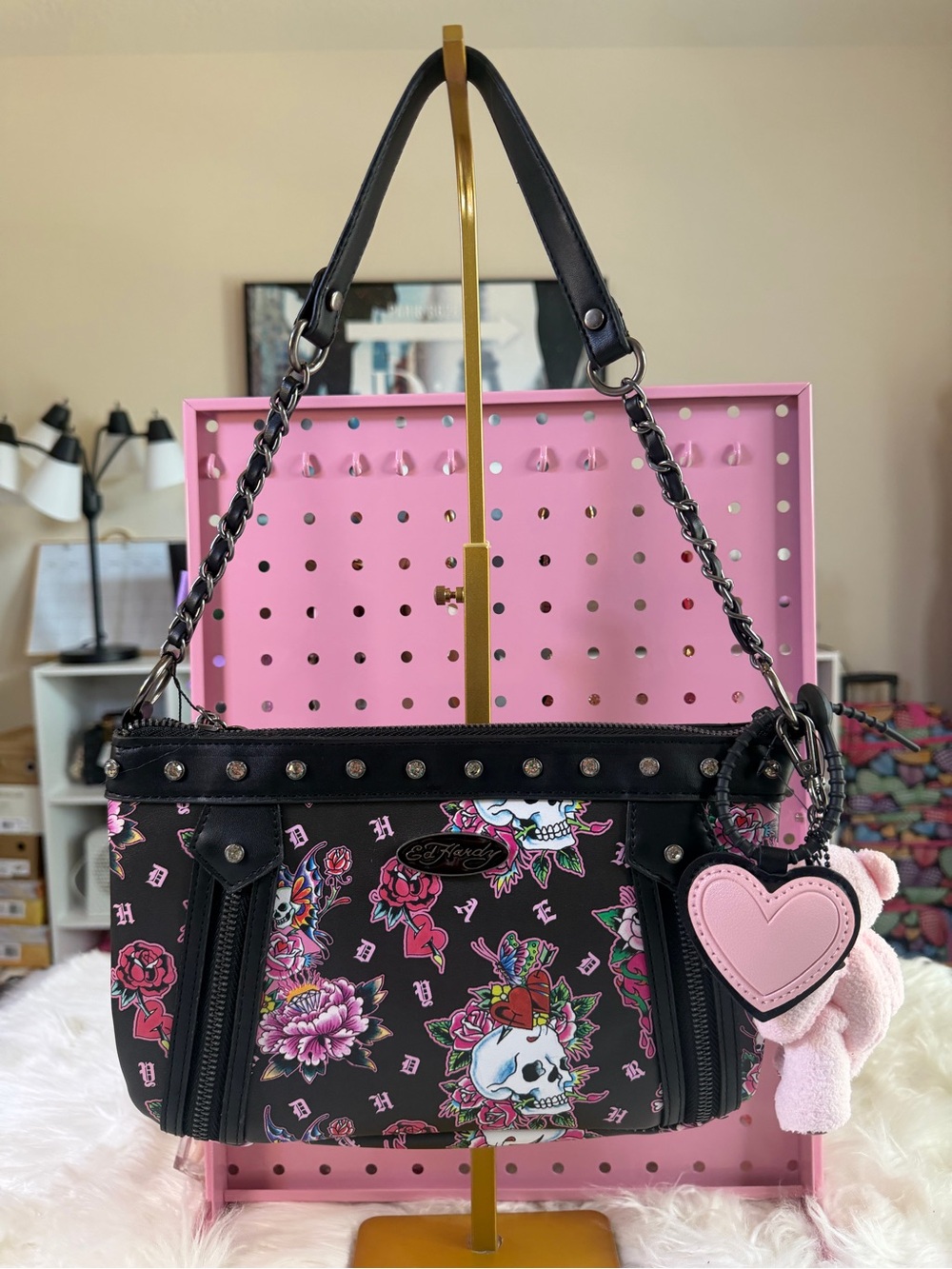 Ed Hardy Black Floral Skull Shoulder Bag with Pink Heart Charm